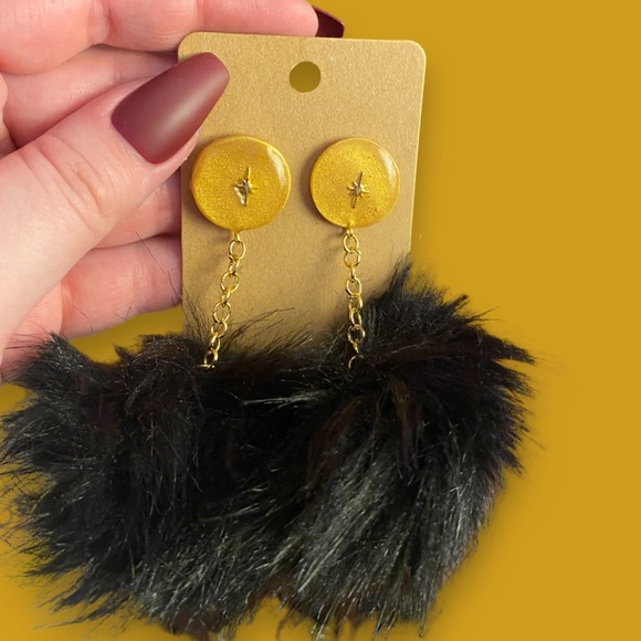 Handmade Black and Gold Faux Fur Retro PomPom Earrings - Picture 2 of 3